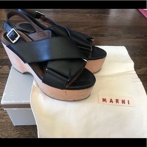 MARNI Black Leather Platform with Wooden Wedge
